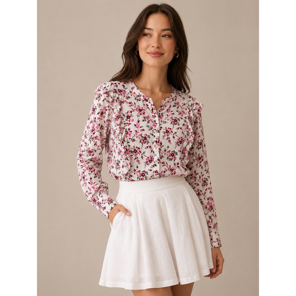 J.Crew Floral Ruffle White Pink Long Sleeve Button Front Blouse L‎